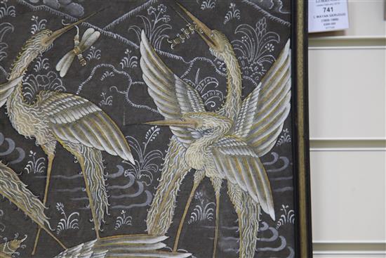 I. Wayan Gerudug (1905-1989) Cranes with frogs and insects in a landscape, 18.5 x 16.5in.